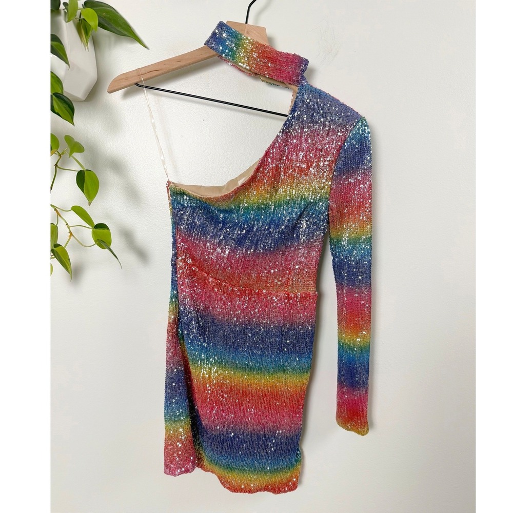 L'Atiste Rainbow Sequin One Shoulder Mini Dress Choker Neck LD50518X Small